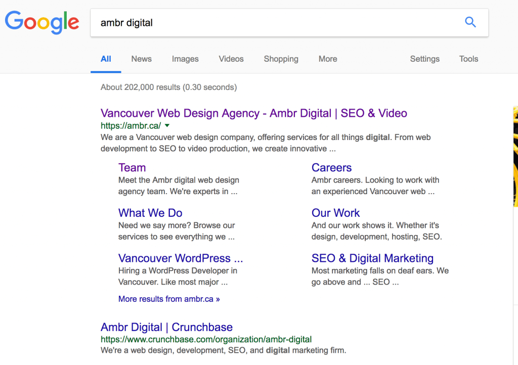 Google search for web design agency Ambr Digital